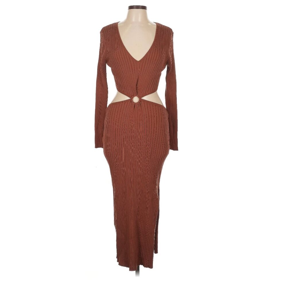 House Of Harlow 1960 Long Sleeve Ribbed O Ring Midi Dress Rust Orange - Fall - S - Picture 13 of 16